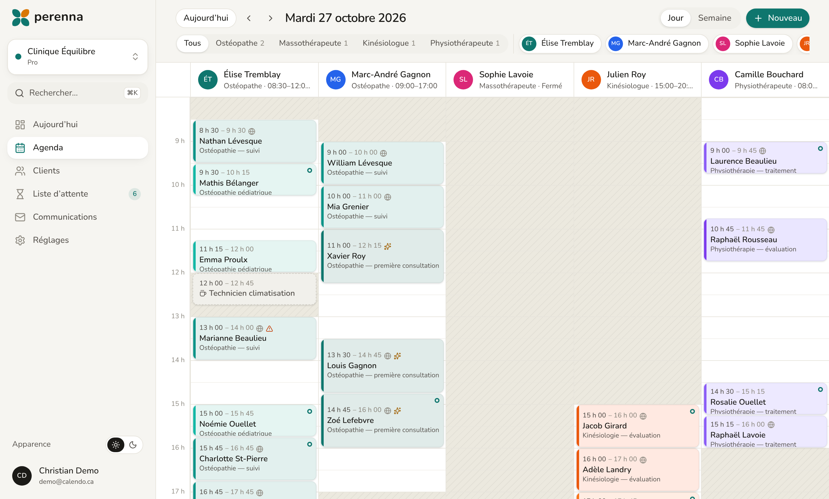 Agenda Perenna avec les colonnes des thérapeutes